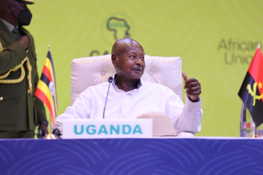 President Museveni gives a thumbs up during the Summit at Munyonyo